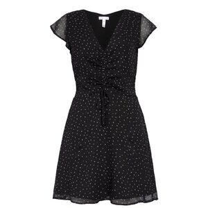 Leith Nordstrom Black Polka Dot Ruched Mini Dress Flutter Sleeve V-Neck ChiffonM